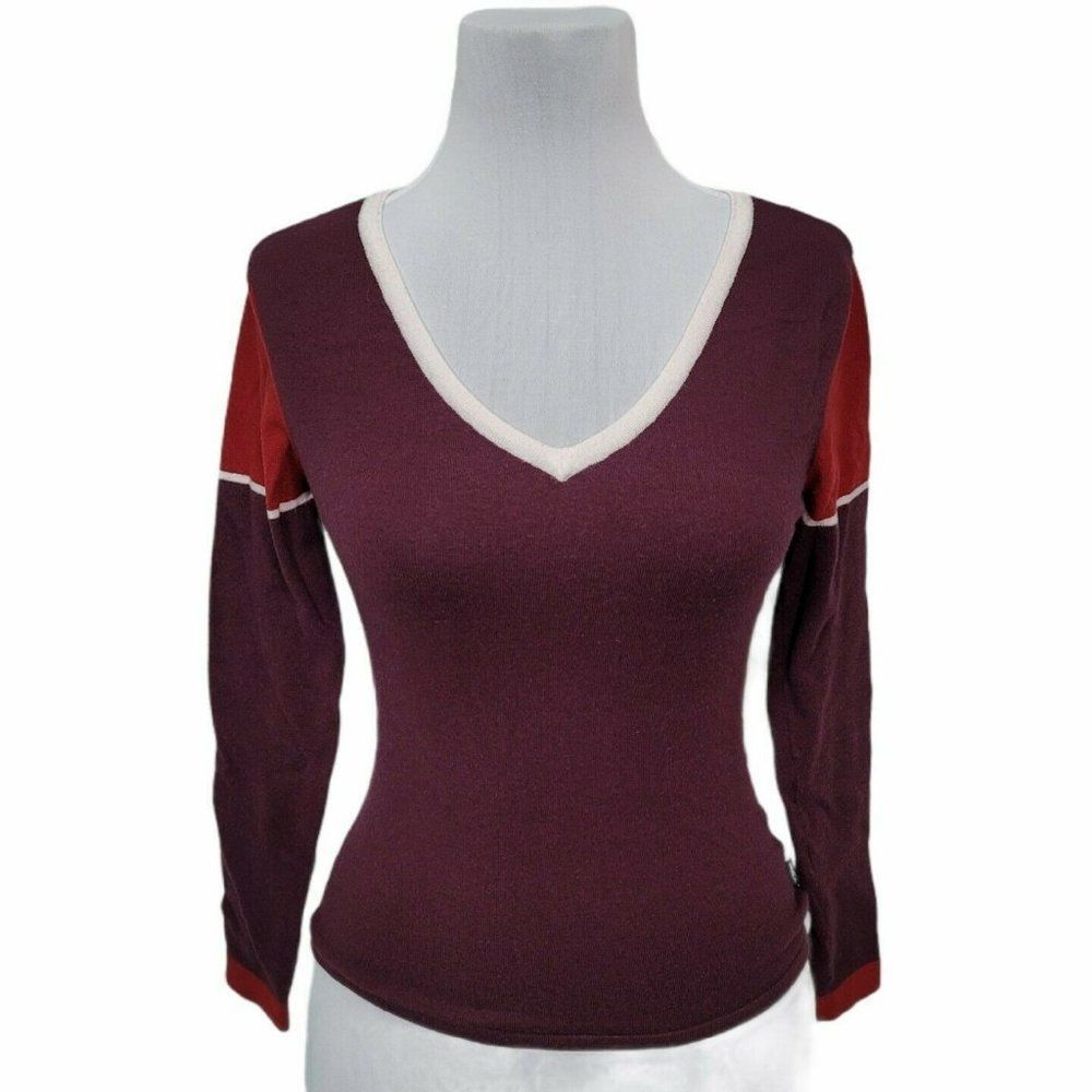 RVCA Womens M Maroon Red White Color Block Long Sleeve Vneck Pullover Sweater